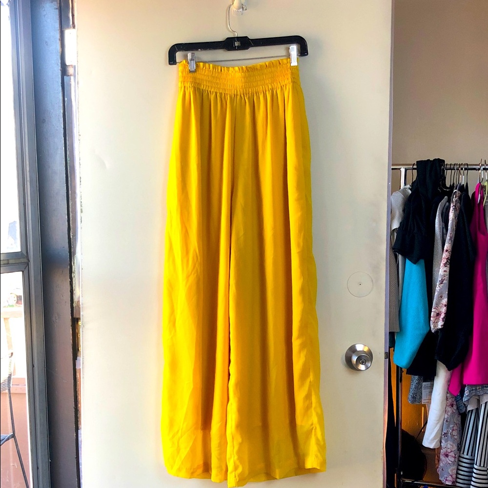 Zara Yellow/Gold Satin Effect Wide Leg Palazzo Blogger Elastic Waist Pants M/L
